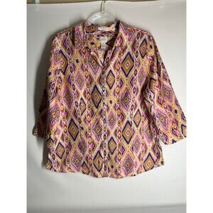 Chico's No Iron Linen Ikat Printed Colorful Button Down 3/4 Sleeve Top 2 large